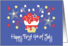 Hand Lettered First Fourth of July Cupcake with Fireworks and Stars card
