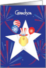 Hand Lettered Fourth of July Grandson Bird in Hat Patriotic Balloons card