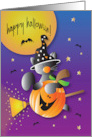 Hand Lettered Halloween Flying Black Cat on Broom Across the Miles card