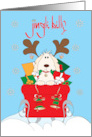 Hand Lettered Christmas Jingle Bells Dog in Sleigh Reindeer Antlers card