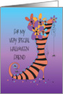 Halloween Orange and Black Striped Floral Boot for Friend with Spider card