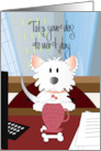 Hand Lettered Take Your Dog to Work Day Fluffy Dog at Desk with Bone card