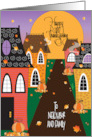 Hand Lettered Thanksgiving to Neighbor and Family with Row of Houses card