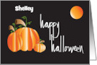 Hand Lettered Happy Halloween Pumpkin Trio and Moon Custom Name card