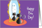 Hand Lettered Halloween Boo Day Black Cat and Mirror with Spooky Ghost card