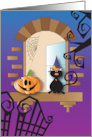 Halloween Black Cat in Witch Hat in Window with Pumpkin and Gate card