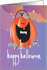 Hand Lettered Halloween Orange Jack O’ Lantern Big Smile Custom Name card
