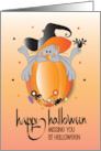 Hand Lettered Missing You on Halloween Mouse in Witch Hat on Pumpkin card