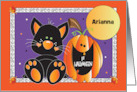 Hand Lettered First Halloween Black Cat and Pumpkin with Custom Name card