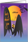 Hand Lettered Halloween Bats About You with Full Moon and Custom Name card