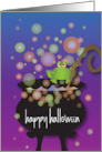 Hand Lettered Halloween Frog on Witch Cauldron with Bubbles and Stick card