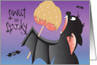 Hand Lettered Sweet and Spooky Bat Eating Caramel Apple with Bats card