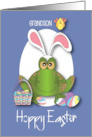 Hand Lettered Grandson Hoppy Easter Spotted Frog Bunny Ears and Eggs card