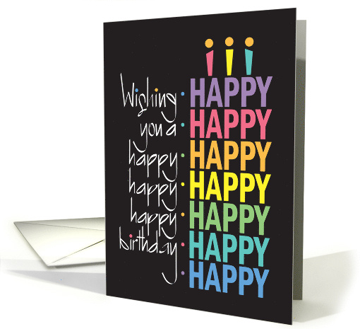 Hand Lettered Happy Happy Happy Birthday Stacked Rainbow Cake card