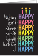 Hand Lettered Happy Happy Happy Birthday Stacked Rainbow Cake card