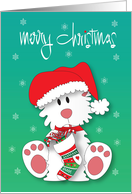 Hand Lettered Fluffy White Dog in Santa Hat with Dangling Stocking card