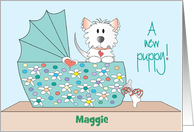 New Pet Puppy Congratulations Dog in Bassinette with Custom Name card