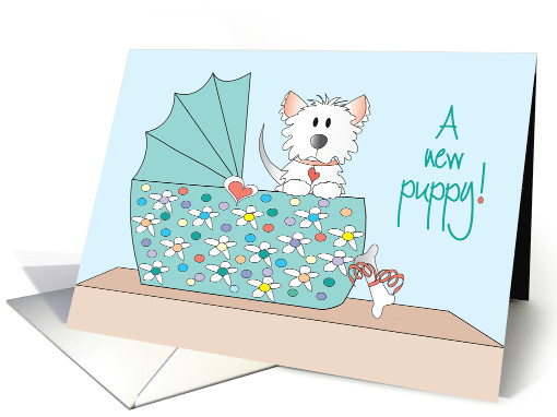 Hand Lettered New Puppy Announcement Puppy in Floral Bassinette card