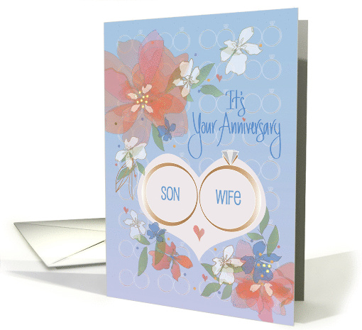Hand Lettered Anniversary for Son and His Wife Flowers and Rings card
