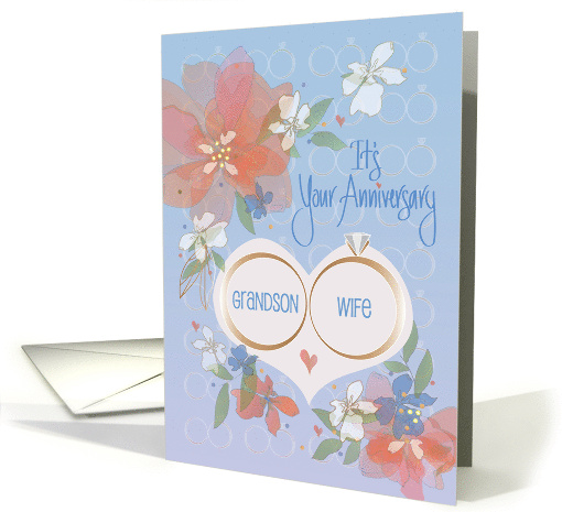 Hand Lettered Anniversary for Grandson and Wife Flowers and Rings card