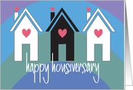 Hand Lettered Housiversary from Realtor with Three Houses and Hearts card