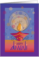 Hand Lettered Diwali Decorated Diya with Radiating Flame and Sparkles card