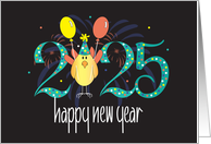 Hand Lettered New Year’s 2025 For Kids Bird in Party Hat with Balloons card