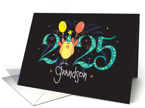 Hand Lettered New Year 2025 for Grandson with Bird and Balloons card