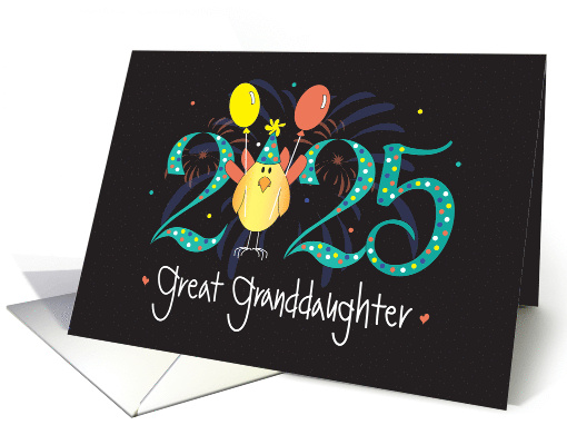 Hand Lettered New Year 2025 Great Granddaughter Bird and Balloons card