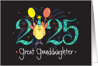 Hand Lettered New Year 2025 Great Granddaughter Bird and Balloons card