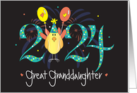 Hand Lettered New Year 2024 Great Granddaughter Bird and Balloons card