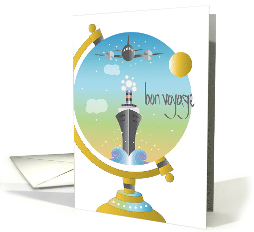 Hand Lettered Bon Voyage Globe with Cruise Ship and Airplane card
