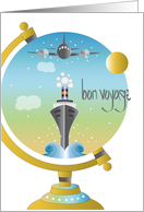 Hand Lettered Bon Voyage Globe with Cruise Ship and Airplane card