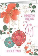Hand Lettered Christmas Sister and Family Poinsettias and Ornaments card