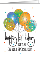 Hand Lettered Birthday with Bright Polka Dot Balloons for Special Day card