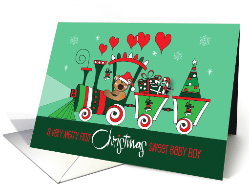Hand Lettered First Christmas For Boy with Holiday Train and Bear card