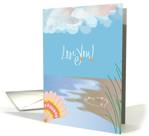 Hand Lettered Seashell Decorated Heart on Sandy Beach with Waves card