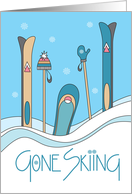 Hand Lettered Gone Skiing for Christmas with Skis, Snowboard and Snow card