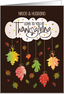 Hand Lettered Thanksgiving Niece and Husband with Bright Fall Leaves card