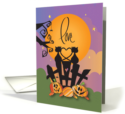 Hand Lettered Halloween Love with Two Black Cats with Heart Tails card