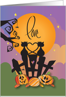 Hand Lettered Halloween Love with Two Black Cats with Heart Tails card