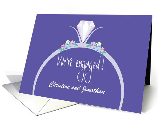 Hand Lettered Announcement We're Engaged Ring with Custom Names card