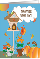 Hand Lettered Thanksgiving Birdhouse with Pumpkins and Fall Flowers card