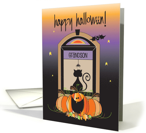 Halloween for Grandson Away at College Black Cat and Pumpkins card