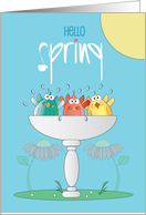 Hand Lettered Hello Spring Trio of Birds Taking Bath in Birdbath card