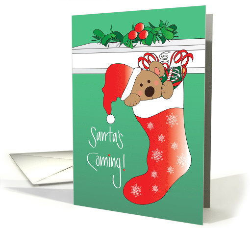 Hand Lettered Santa's Coming Bear in Santa Hat in Red Stocking card