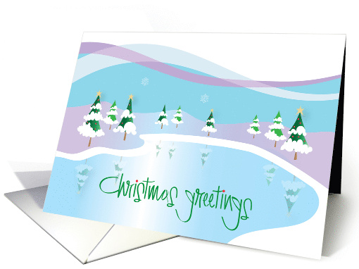 Hand Lettered Christmas Greetings Lake Lined with Decorated Trees card