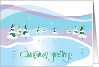 Hand Lettered Christmas Greetings Lake Lined with Decorated Trees card