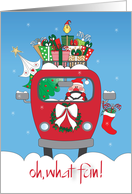 Hand Lettered Oh What Fun Red Santa Van Topped with Wrapped Gifts card