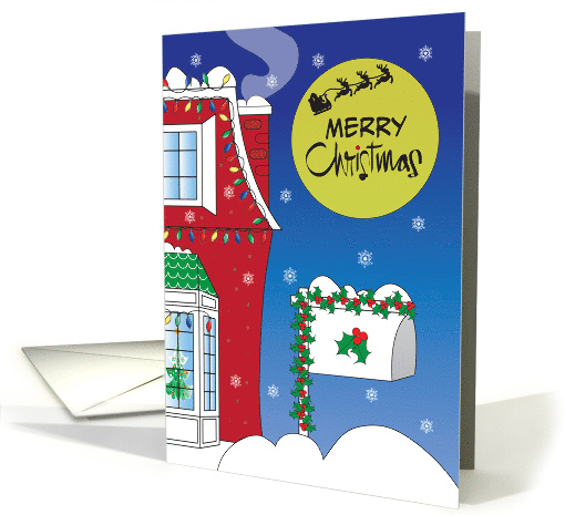 Hand Lettered Christmas with Santa Flying Over Top of Brick Home card